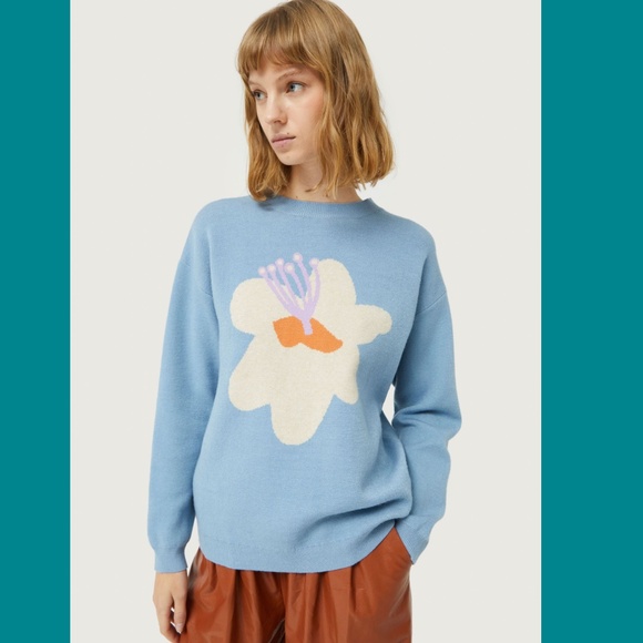 Compania Fantastica Sweaters - Compania Fantastica Calatea Blue Flower Floral Print Knit Sweater Size Medium